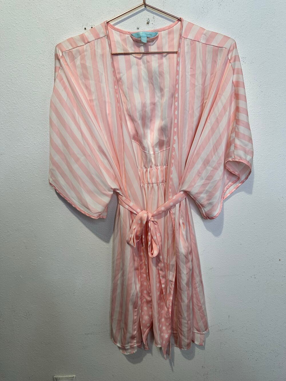 BETSY JOHNSON Pink White MRS Bridal Striped Kimono Robe Embroidered sz Medium